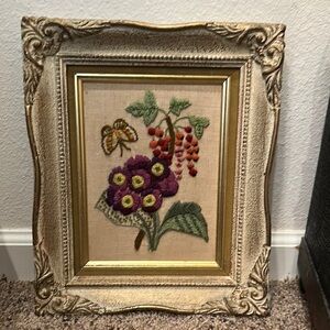 Vintage Embroidered Floral Art on woodFrame (14x 11)